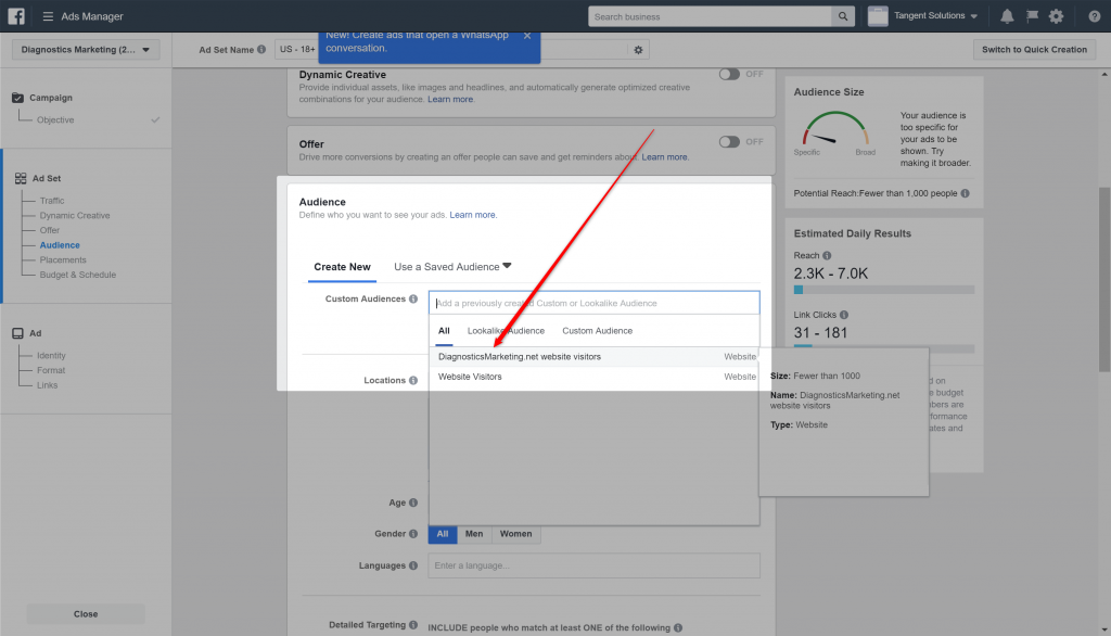 in the ad creation process, use your newly created audience!