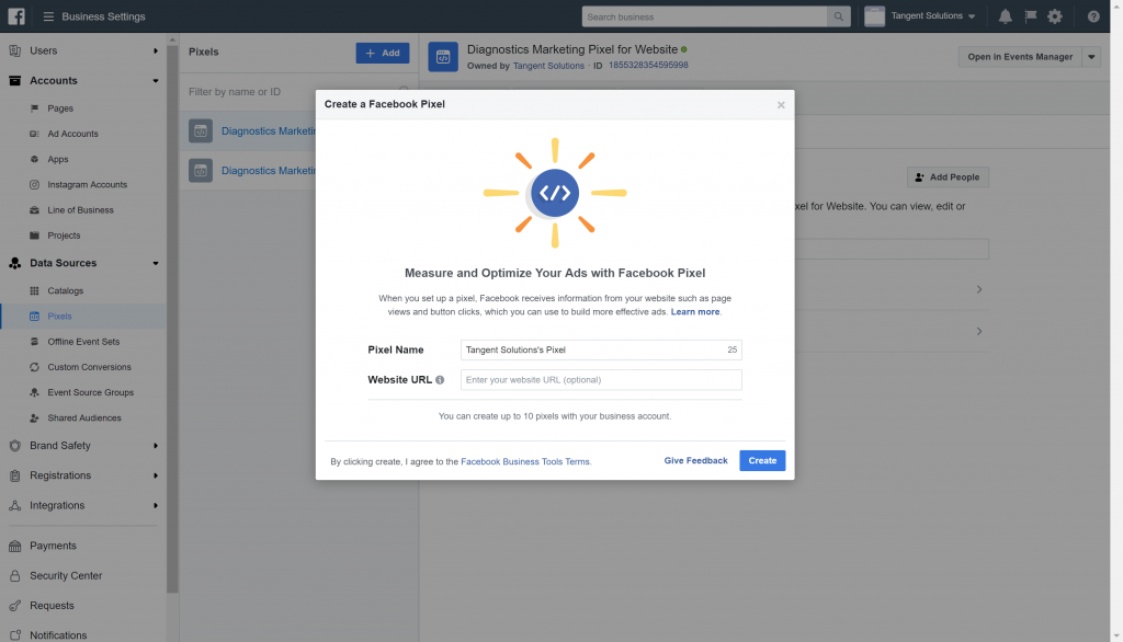 facebook create a pixel modal